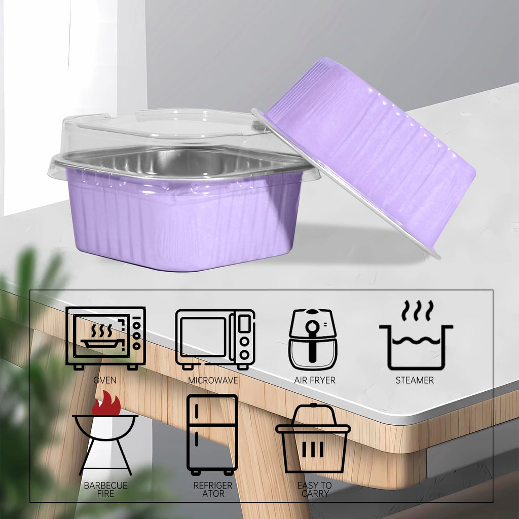 50 Pcs Mini Square Baking Cups with Lids,10oz Aluminum Foil Mini Cake Pans with Lids,Disposable Ramekins Cake Pans,300ml Dessert Cups Cupcake Pans for Wedding Birthday Party,Purple