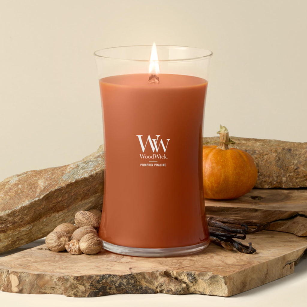 WoodWick Pumpkin Praline Holiday Candle Gifts for Women and Men, 21.5 oz Large Hourglass Candle with Crackling Wick