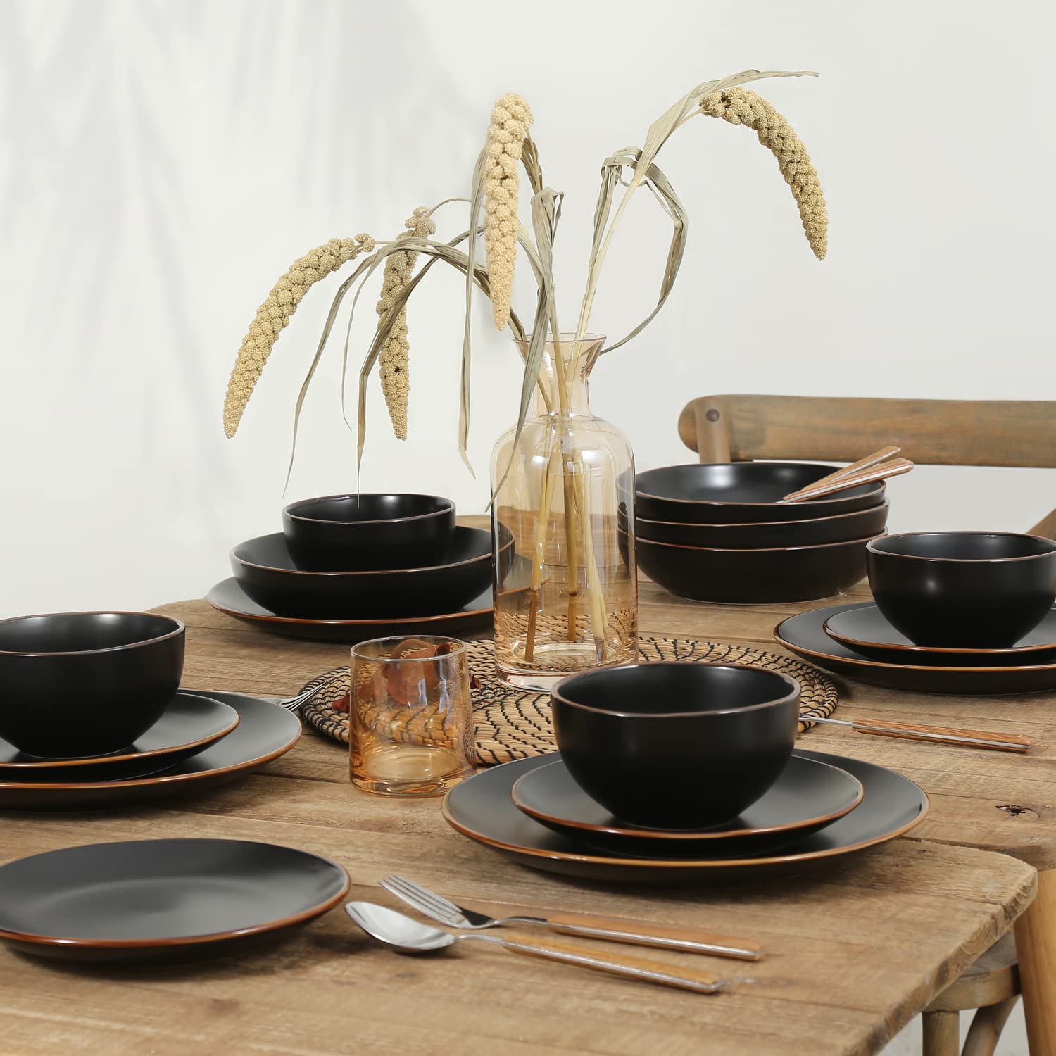 Stone Lain Brasa Stoneware 16 Piece Modern Dinnerware Set, Plates and Bowls, Service for 4, Black, Microwave & Dishwasher Safe