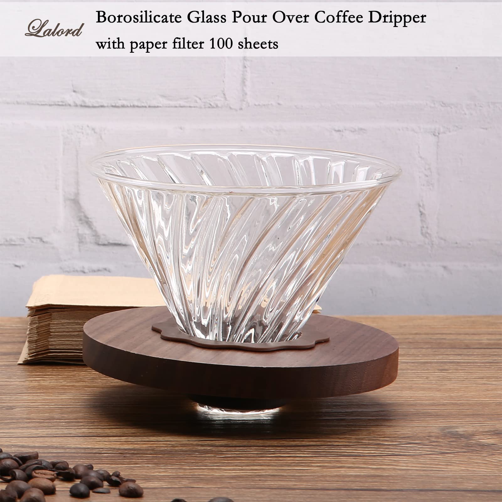 Lalord Pour Over Coffee Dripper with 100 pcs Size 02 Paper Filter, Walnut Handle and Borosilicate Glass, Glass Coffee Dripper, Hold for 1-4 Cups