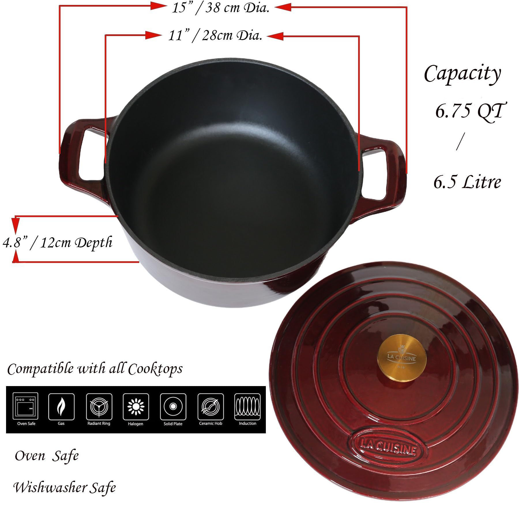 La Cuisine Enameled Cast Iron Dutch Oven Casserole Pot with Golden handle for Lid, Internal Matte Black Enamel Coating, 6.5 QT 11" / 28cm Ø, Oven-Safe 550°F/276°C, Cranberry