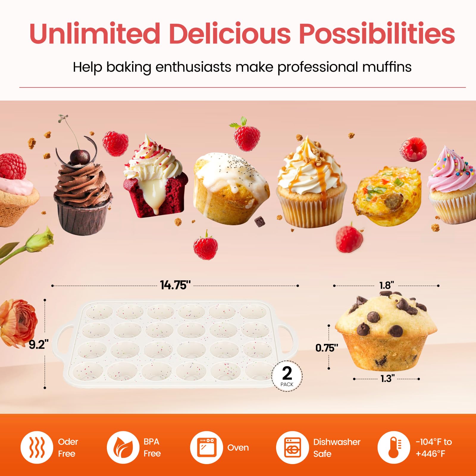 Fimary Silicone Muffin Pans With Metal Reinforced Frame - 24 Cups Durable Silicone Baking Pan for Muffins, Cupcakes, BPA Free and Dishwasher Safe - Beige with Rainbow Spots, Set of 2
