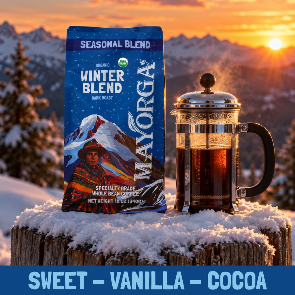 Mayorga Seasonal Dark Roast Coffee, 2 lb bag - Winter Blend Coffee Roast - 100% Arabica Whole Coffee Beans - Bold & Smooth Organic Coffee - Specialty Grade, Non-GMO, Direct Trade, Kosher
