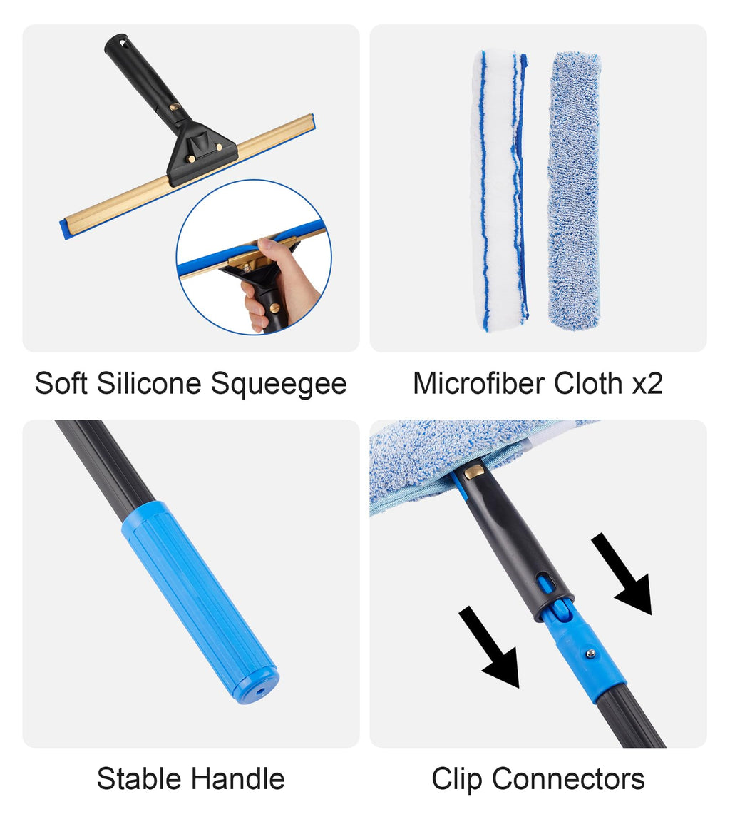 Swivel Squeegee Kit with 4 Extension Poles,Glass Scraper, Bendable Duster, 2 Window Scrubber Cloth for Glass, Car, Floor, Home,Garden