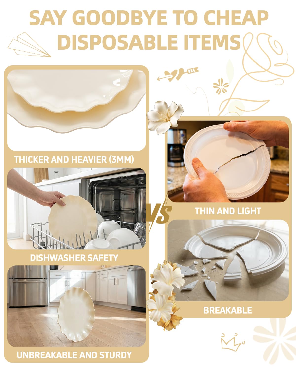 LIYH 24 Pcs Plastic Plates Reusable,Unbreakable Dinner Plates, Scalloped Plastic Plates, Dishwasher Safe,Ivory Plate Sets Perfect for Parties, Birthday, Picnics, BPA Free(12Guests)