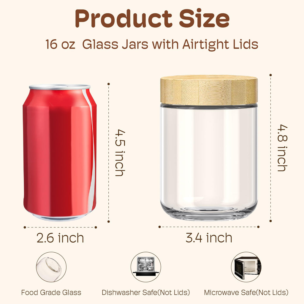 16 oz Overnight Oats Containers with Bamboo Lids, Glass Mason Jars 2 Pack