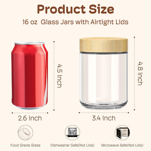 16 oz Overnight Oats Containers with Bamboo Lids, Glass Mason Jars 2 Pack