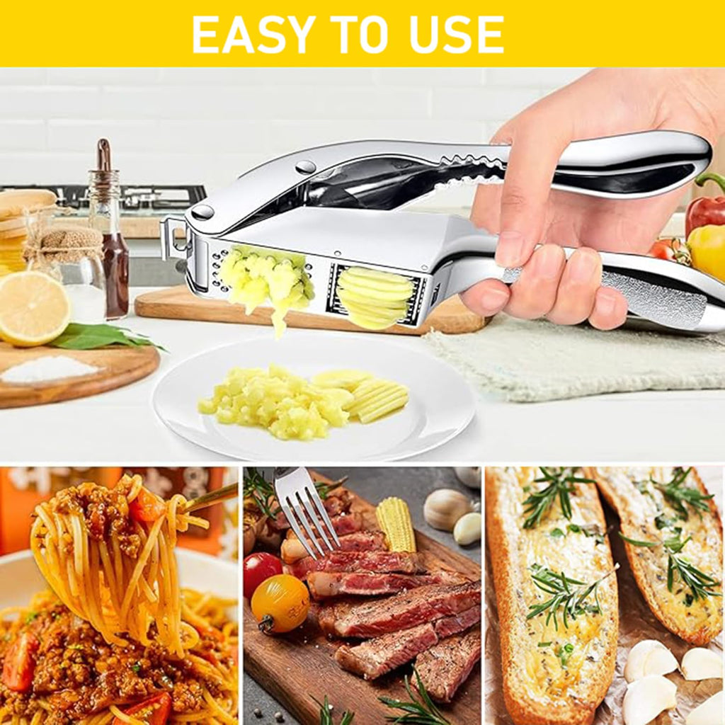 Garlic Press and Slicer 2 in 1, Rust Proof & Dishwasher Safe Professional Garlic Mincer Tool, Effortlessly Crush and Mince Garlic with this Ergonomic Handle-Garlic Slicer & Brush ANCQMI(Pear white)