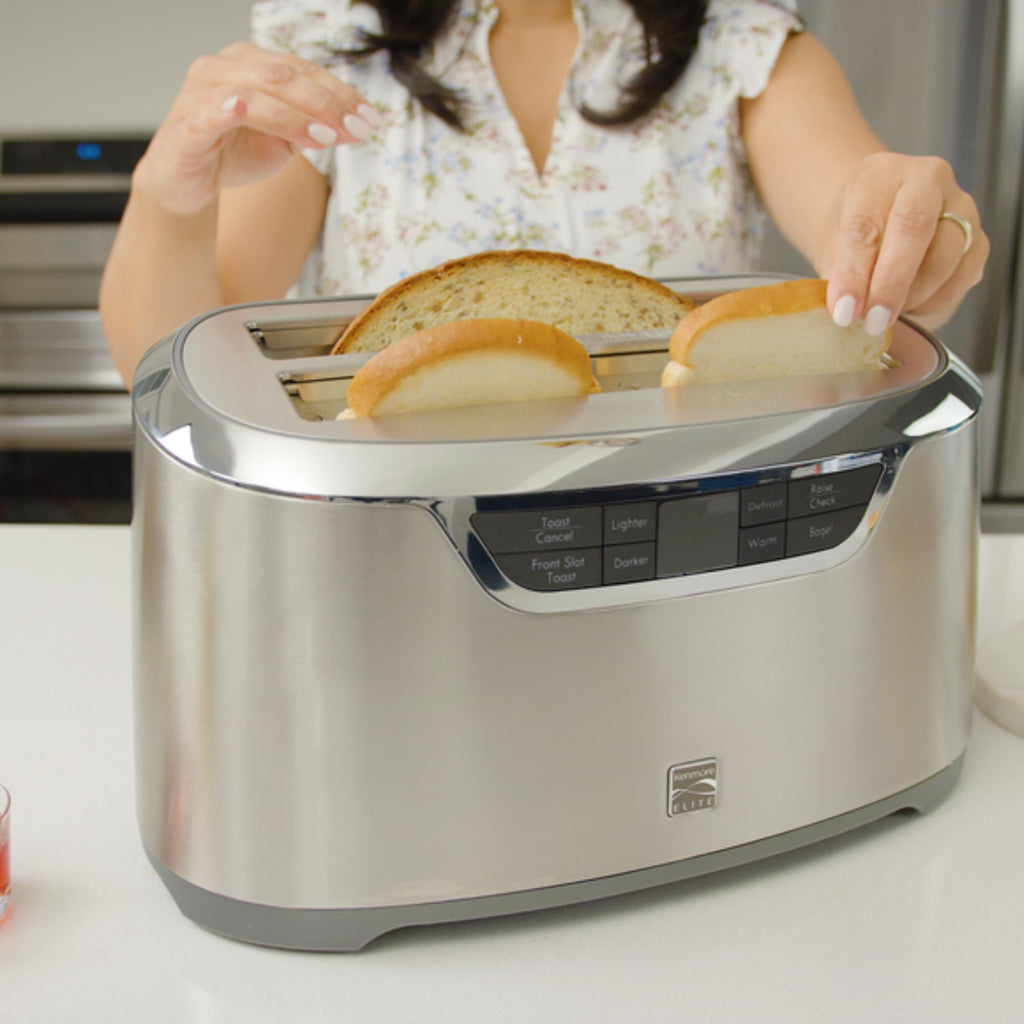 Kenmore Elite 4-Slice Long Slot Toaster Silver, One-Touch Auto-Lift, Stainless Steel, Adjustable Browning, Defrost, Digital Countdown Timer, Retractable Cord, Toast, Bagels, Waffles, English Muffins