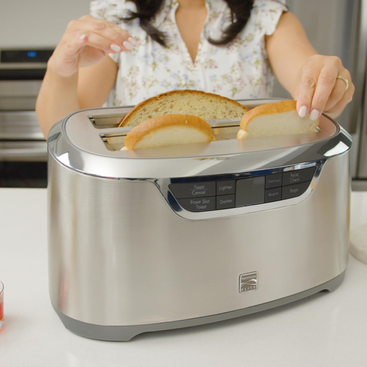 Kenmore Elite 4-Slice Long Slot Toaster Silver, One-Touch Auto-Lift, Stainless Steel, Adjustable Browning, Defrost, Digital Countdown Timer, Retractable Cord, Toast, Bagels, Waffles, English Muffins