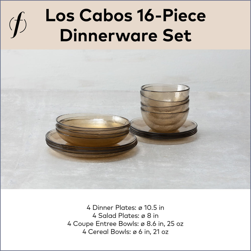 FORTESSA Los Cabos Tableware, 16-Piece Glass Dinnerware Set with 4 Dinner Plates, 4 Salad Plates, 4 Coupe Bowls and 4 Cereal Bowls, Dishwasher-Safe Glass Plate Set, Ginger Root