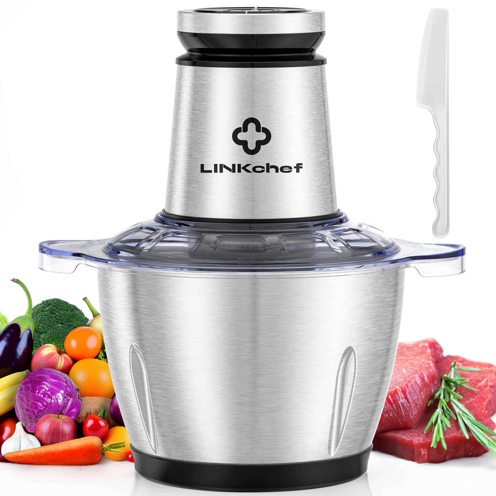 LINKChef Food Processor Small, 10 Cup Food Chopper with Container, 2.3L 600W Electric Meat Grinder for Home Use, Stainless Steel Mini Food Processor for Kitchen, Vegetable, Onion, Garlic, Salad