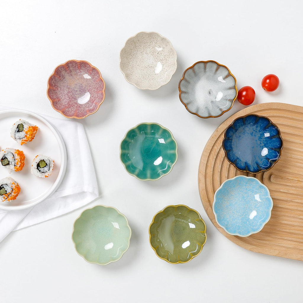 ZEBERBO Dipping Bowls Set of 8, Ceramic Soy Sauce Dishes, 3 oz Dipping Sauce Cups, chrysanthemum Round Small Side Dish Dishes for Dipping Sushi Tomato Soy Sauce Dish Condiment Finger Bowls