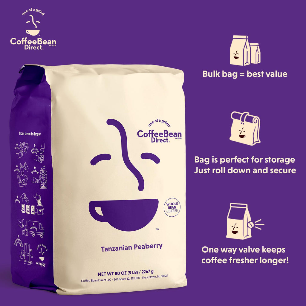 Coffee Bean Direct Tanzanian Peaberry, Whole Bean, 5lb Bag