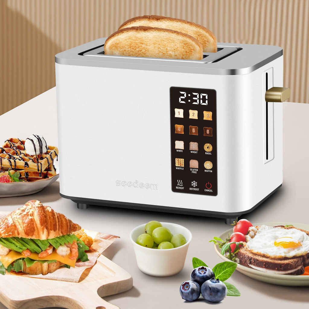 SEEDEEM Touchscreen Toaster 2 Slice, Stainless Steel, 6 Shade, 900W, White