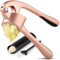 Zulay Kitchen Large Premium Garlic Press Set - Bigger Bowl for Bigger Garlic - Rust Proof Garlic Mincer Tool - Easy-Squeeze, Easy-Clean Silicone Garlic Peeler & Brush (Rose Gold)