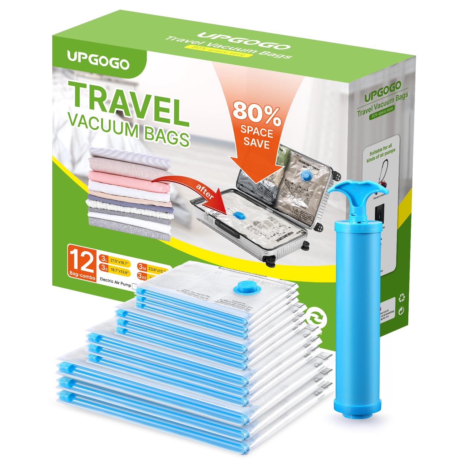 UPGOGO Vacuum Bags for Travel, 12 Pack with Hand Pump, Space Saver Vacuum Storage Bags, Travel Essentials, Clothes, Blankets, Pillows
