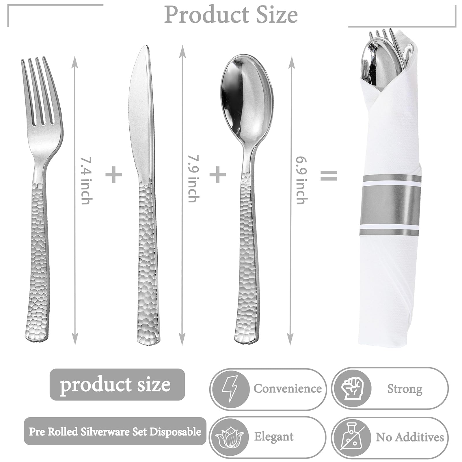 WELLIFE 50 Pack Silver Plastic Silverware,Wrapped Silverware Set Disposable,Hammer Pattern Design,Includes:50 Forks, 50 Knives, 50 Spoons, 50 Napkins,Plastic Utensils for Party and Wedding