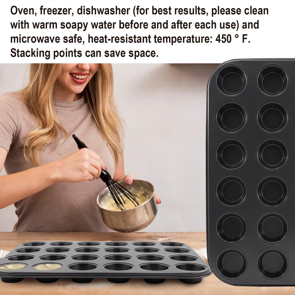 DRAONGYE 2 Packs Round Muffin Baking Pan, Premium Steel Muffin Pan for Baking, Nonstick Cupcake Tin Cheesecake Pans, Bakeware Muffin Top Pan (24 Cups, Black)