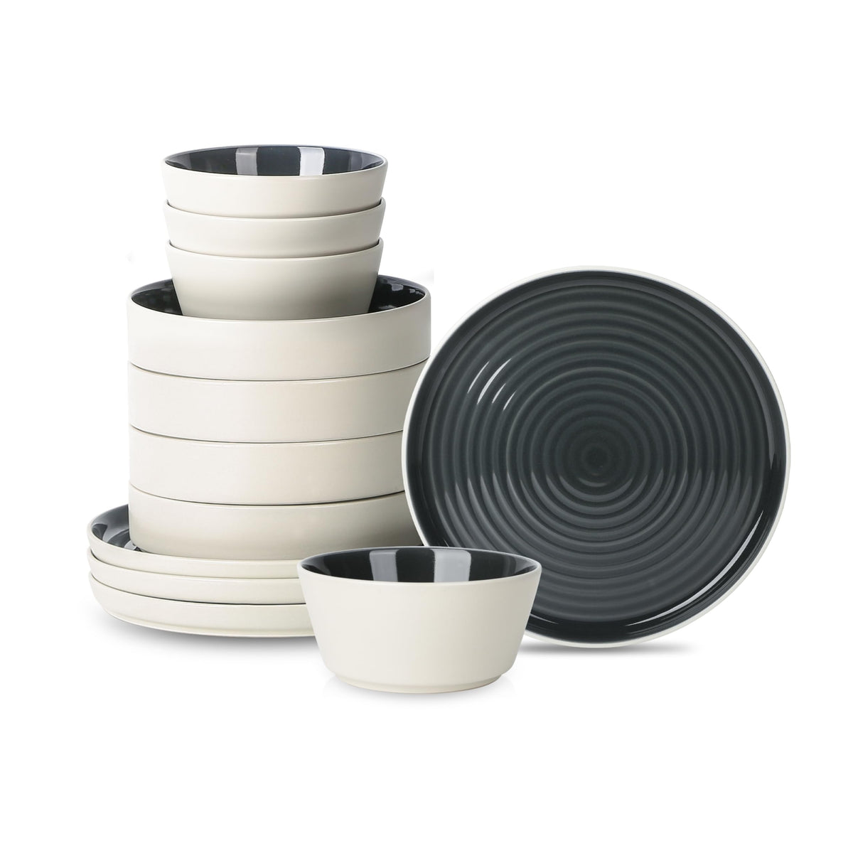 Stone Lain Elica 12-Piece Modern Dinnerware Set Stoneware, Plates and Bowl Sets for 4, Navy and White