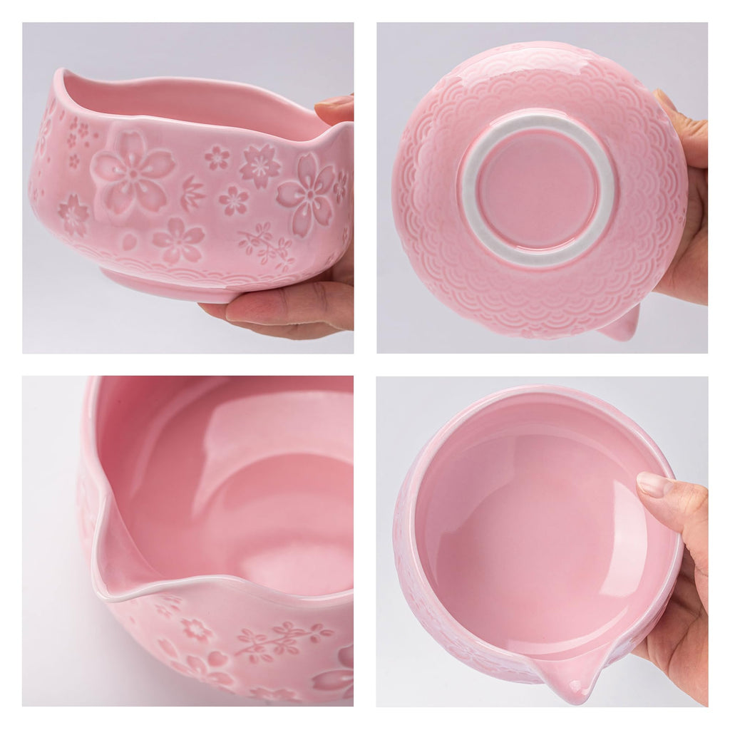 TEANAGOO 7-PCS Pink Matcha Whisk Set with Cherry Blossom Design, Complete Ceremony Kit, Ceramic Chawan Bowl with Spout, Whisk & Accessories, Traditional Matcha Tea Set for Lattes& Gift Giving