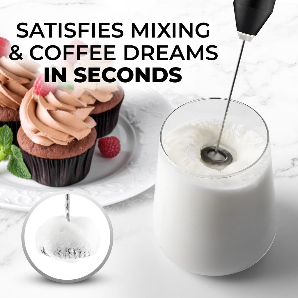 Zulay Kitchen Milk Frother Handheld - Mini Frother Wand, Milk Mixer, Drink Whisk for Coffee, Matcha Essentials & More, Stick Frother for Protein Shakes, Froster Mixer - AA Batteries Included - Black