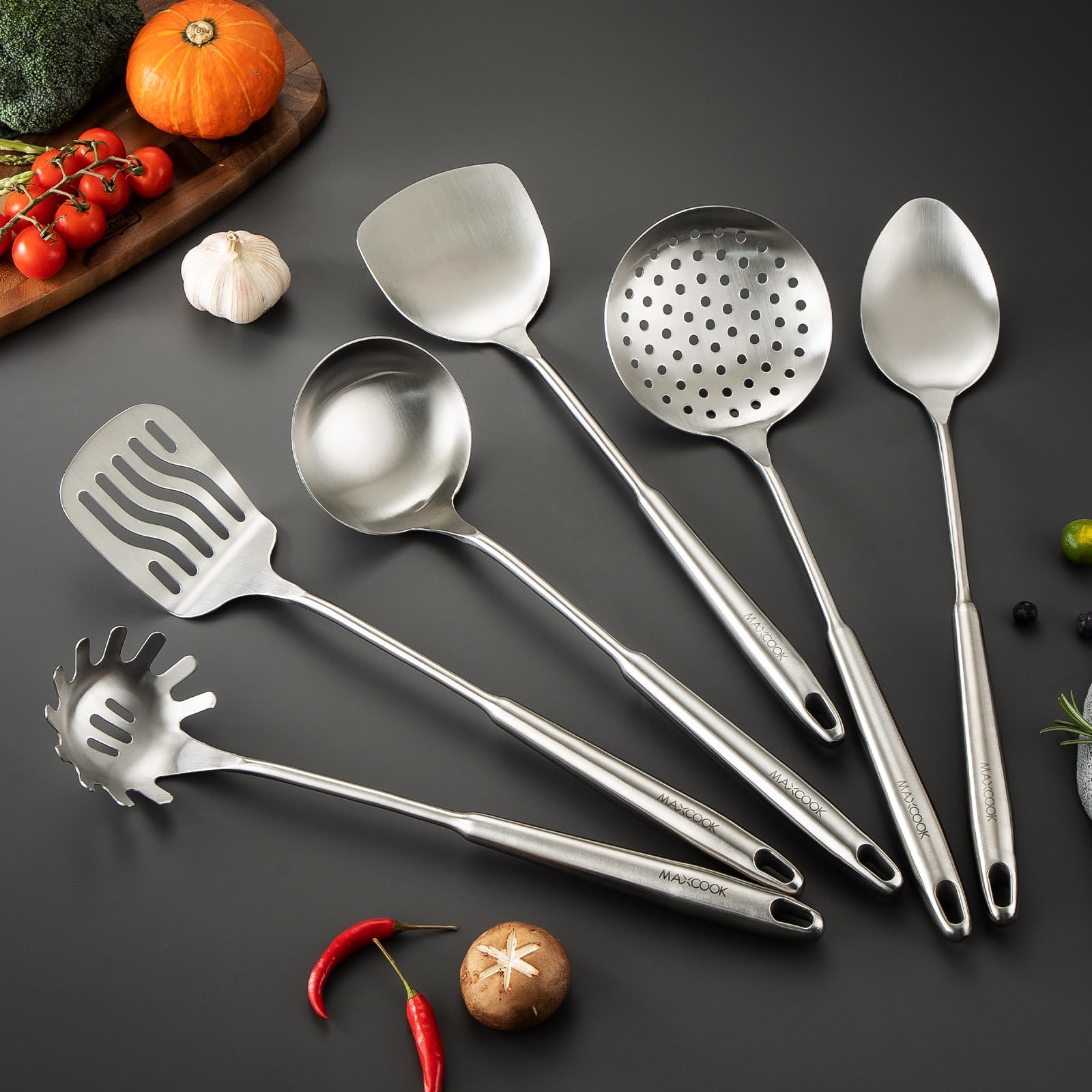 MAXCOOK 18/8 Stainless Steel Cooking Utensils set, 7 Pcs, Dishwasher Safe