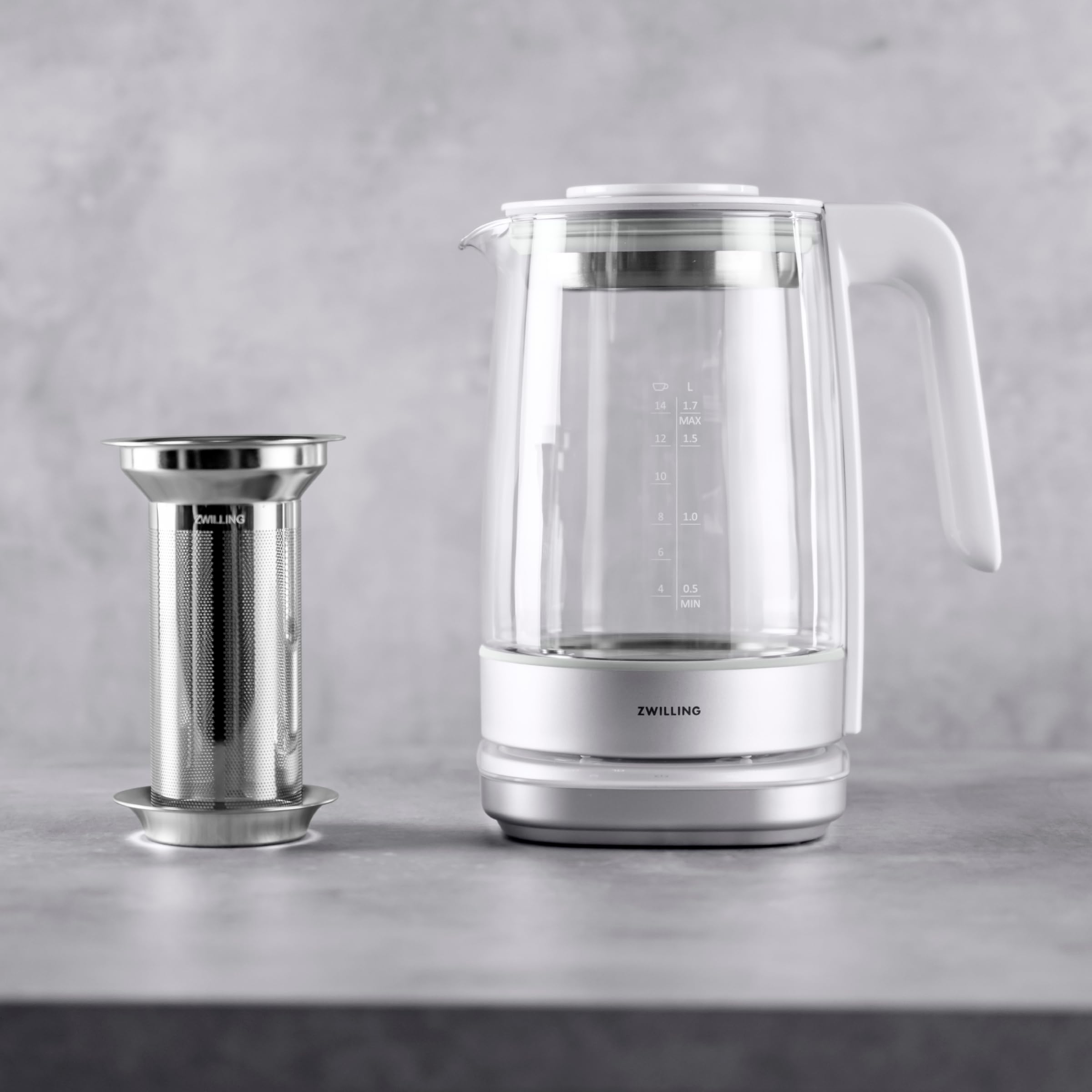 ZWILLING Enfinigy Glass Kettle 1.7L, Tea Kettle, 6 Preset Temps for the Perfect Cup, Tea Timer, Silver