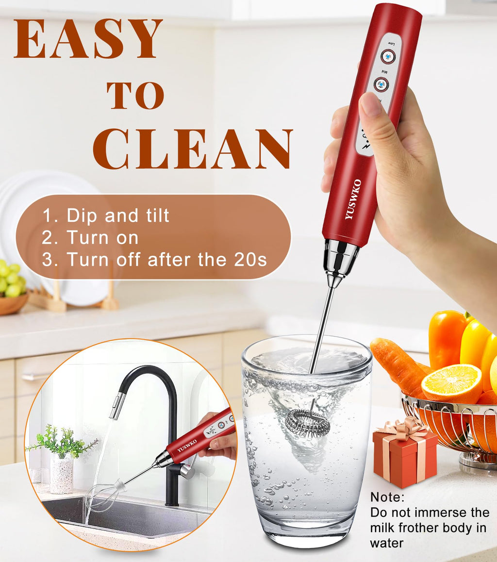 YUSWKO Handheld Milk Frother Wand for Coffee, Rechargeable Electric Whisk with 3 Heads 3 Speeds Drink Mixer Coffee Frother For Latte, Cappuccino, Hot Chocolate, Egg, Red