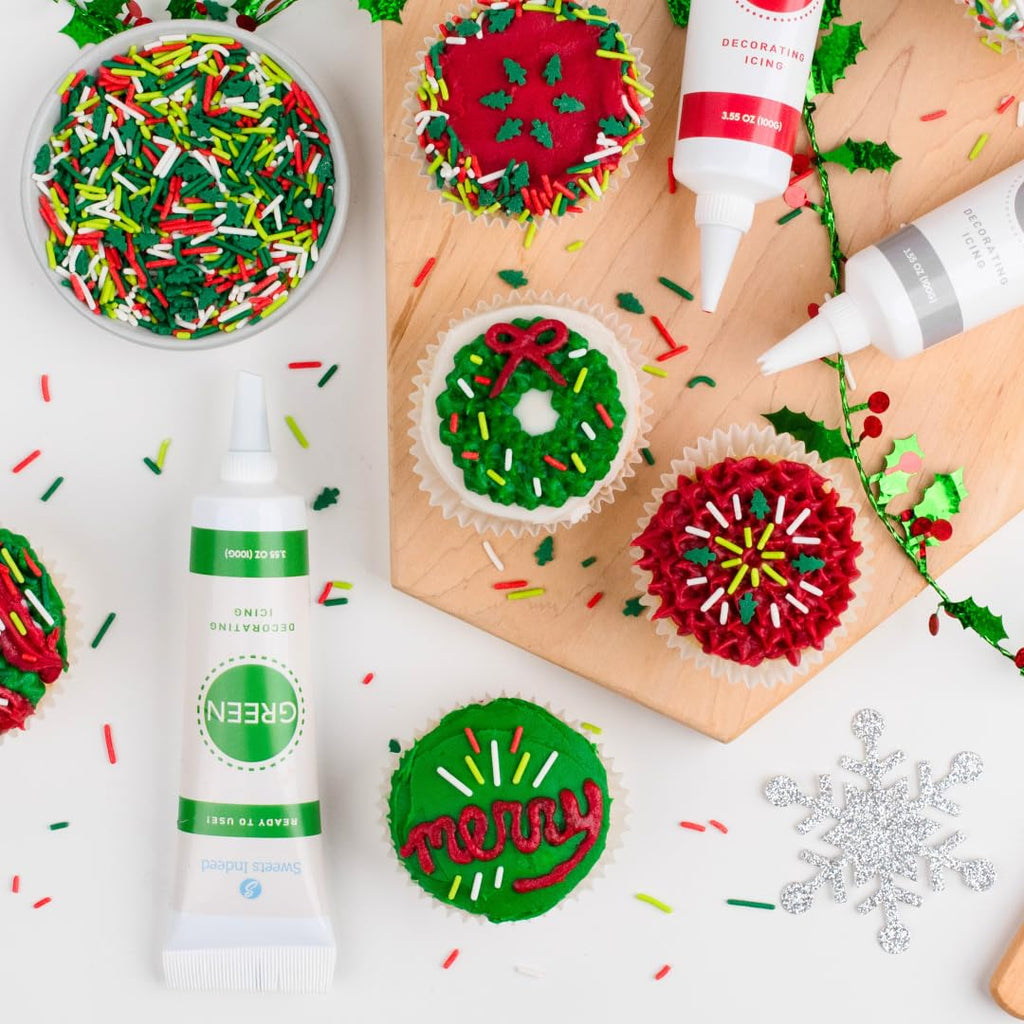Sweets Indeed Christmas Cookie Decorating Kit – 11.31 oz | 3 Frosting Tubes (Red, Green & White) + 4 Decorating Tips + 2.5 oz Holiday Sprinkles for Christmas Cookies, Cupcakes & Cakes