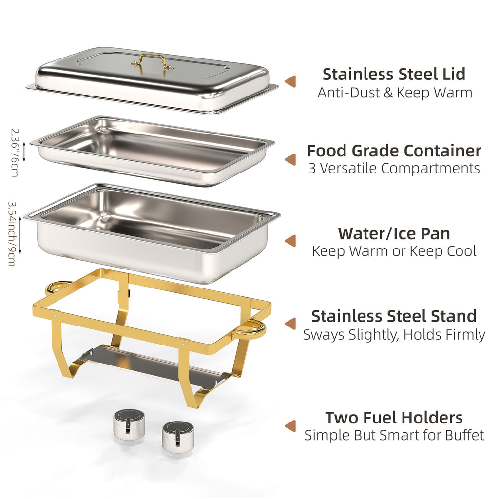 4 Pack Stainless Steel Chafing Dishes for Buffet, 9 QT Capacity 7 Pans Food Warmers for Parties, Weddings, Events Hosting, Family Gatherings, Full Set Catering Server with Serving Utensils Accessories