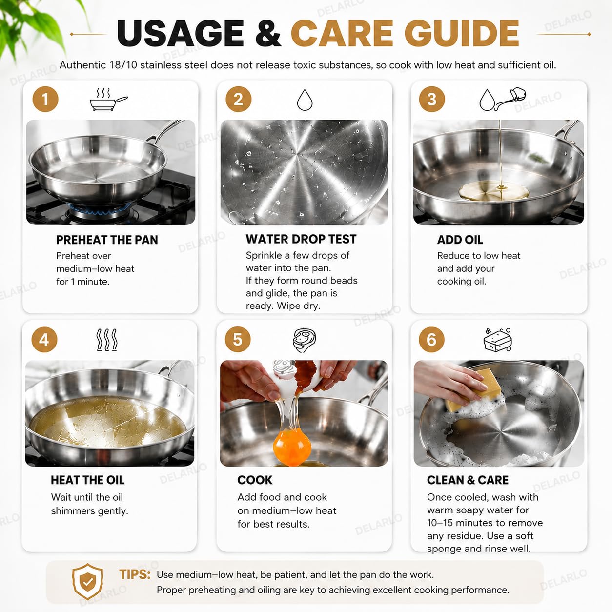 DELARLO Tri-Ply Stainless Steel Pan,18/10, 12"+Lids