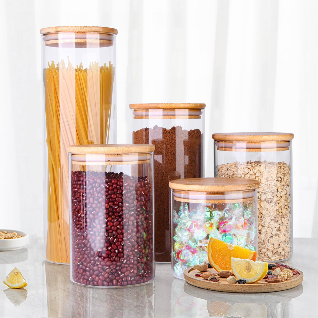 PUSCRIENO Glass Food Storage Jars, Food Containers with Airtight Bamboo Lids for Pasta, Cookies, Nuts, Coffee Beans, Cereal, Glass Canisters for Kitchen, Pantry Organization,Set of 5