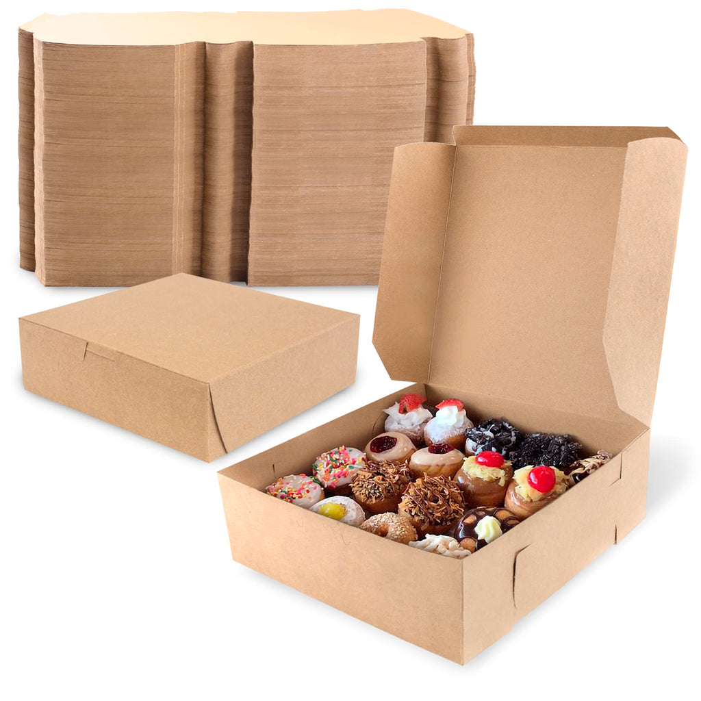 Fit Meal Prep 250 Pack Kraft Bakery Boxes - Brown Cardboard Pie & Dessert Boxes, 9x9x3 inches, for Cupcakes, Chocolates & Donuts