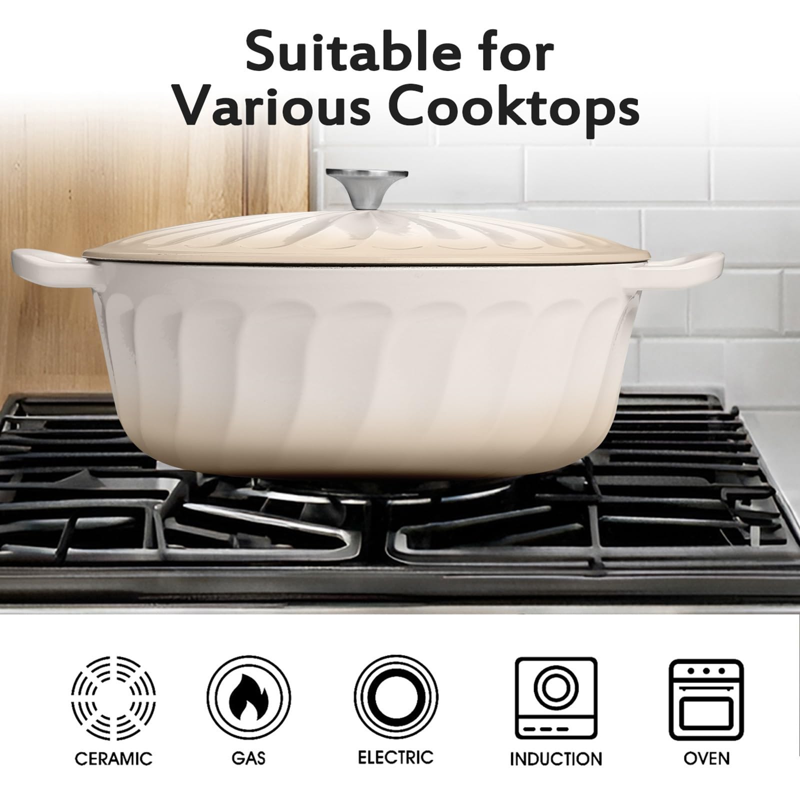 NSIRONS Enameled Dutch Oven Pot with Lid, 7 QT Cast Iron Dutch Oven with Dual Handles, Oval Dutch Oven for Cooking, Bread Baking, Frying, Non-stick Enamel Coated Oven (Caramel White)
