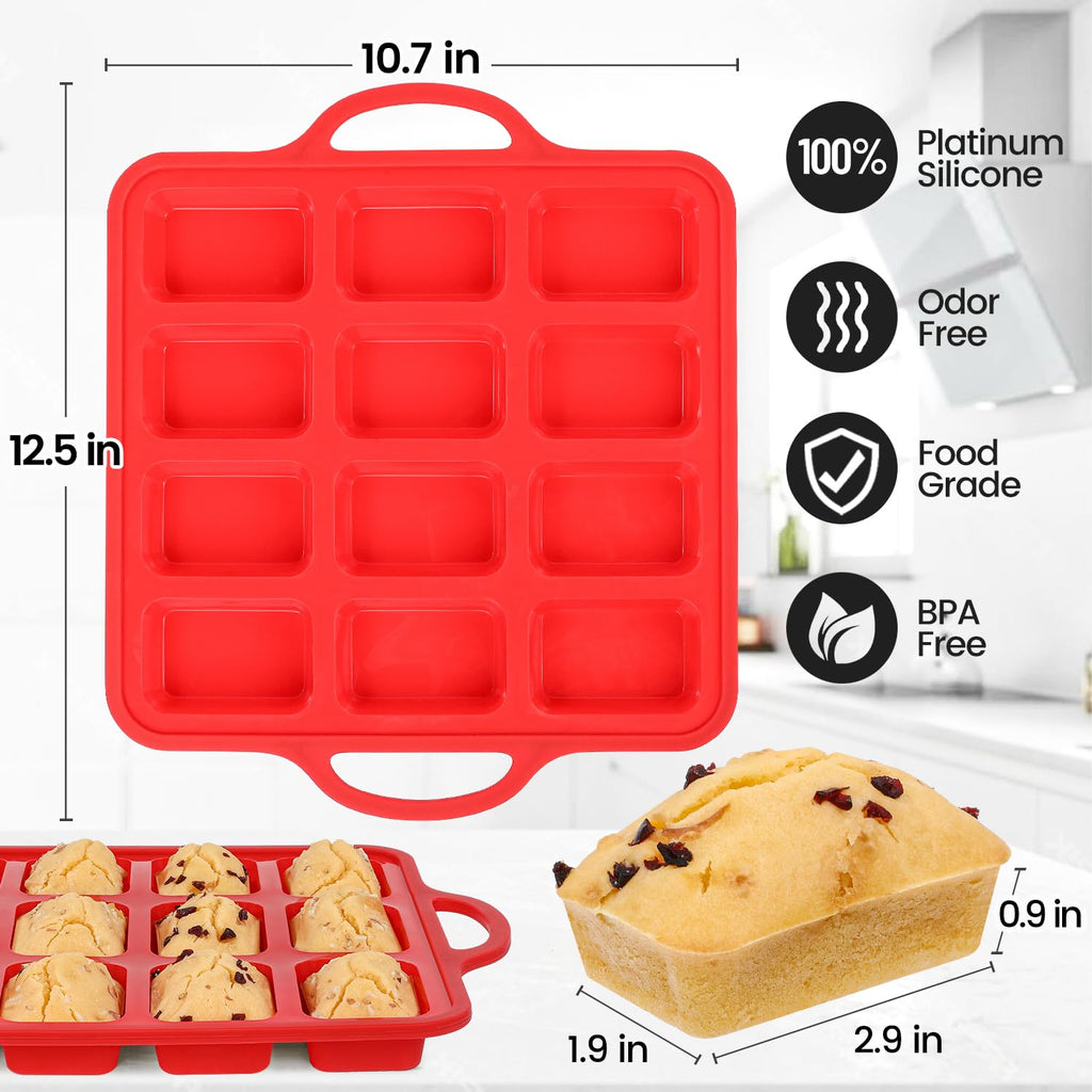Silicone Mini Loaf Pan, 12 Cavities Metal Reinforced Frame Nonstick Food Grade for Baking Mini Bread, Brownie, Cornbread, Cheesecake and Chocolate (2 Pack)