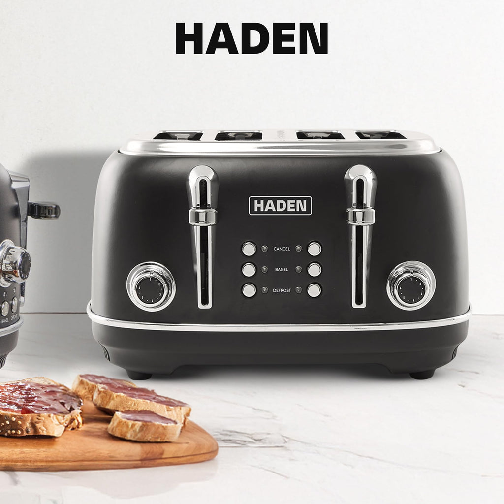 Haden Heritage 4 Slice Wide Slot Stainless Steel Toaster with Adjustable Browning Control & Non-Slip Feet, Black & Chrome