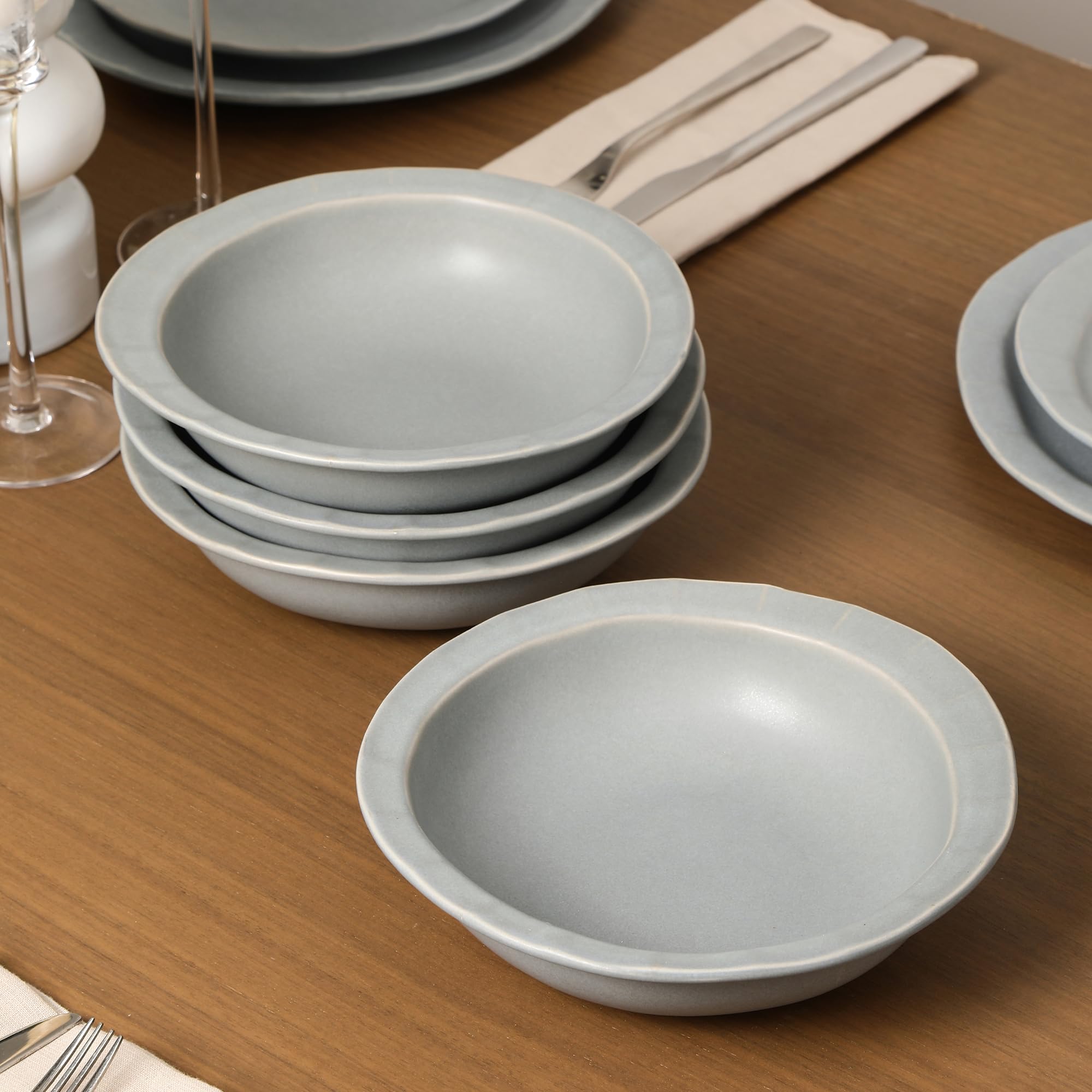 Stone Lain Oasis Stoneware Bowl Dish Set, 4-Piece Pasta Bowls - Ceramic Serving Dishes for Ramen, Fruit, Cereal, Dinner - Microwave & Dishwasher Safe, Grey Blue