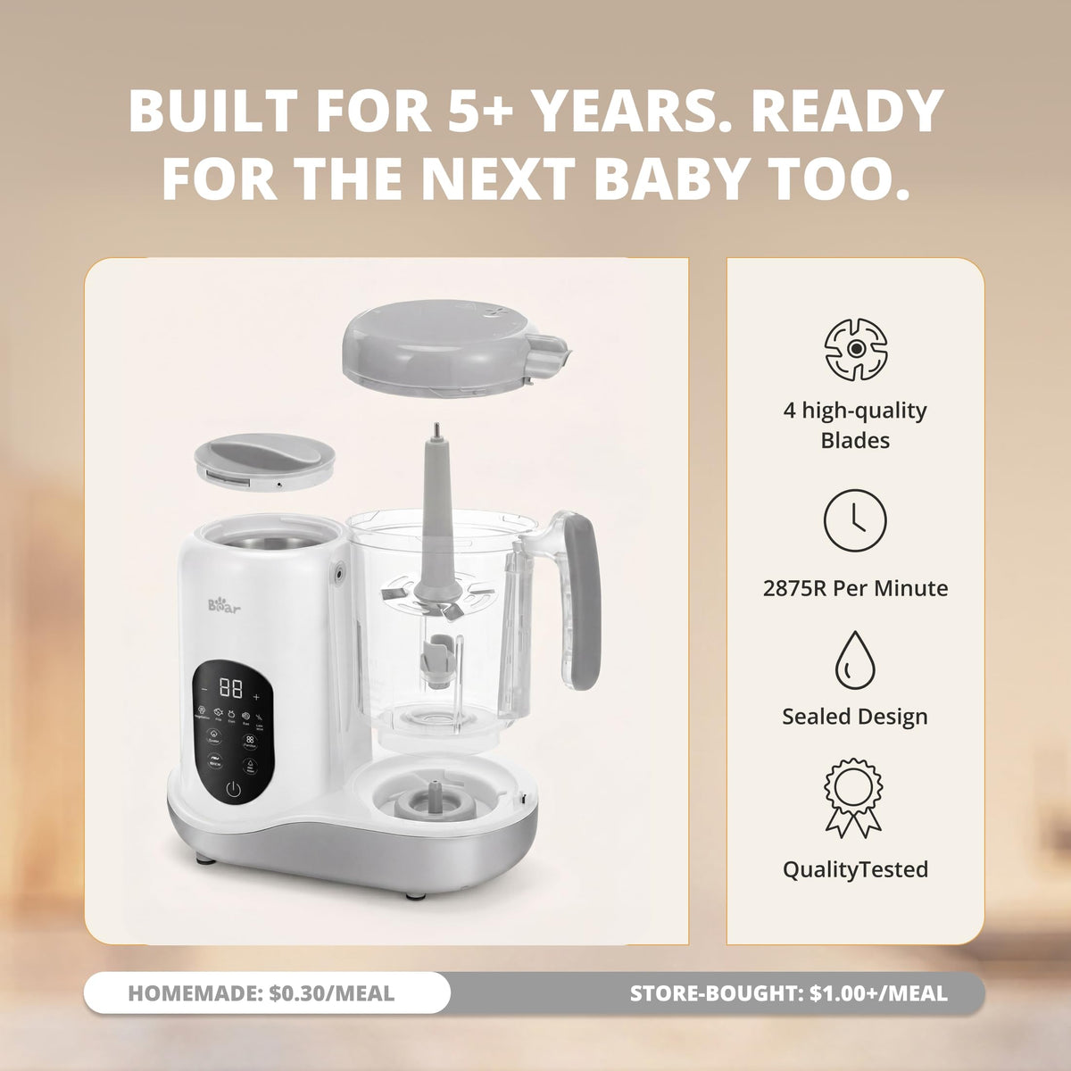 BEAR 2024 Baby Food Maker, One-Step & Easy to Use, Smart Touchscreen, White
