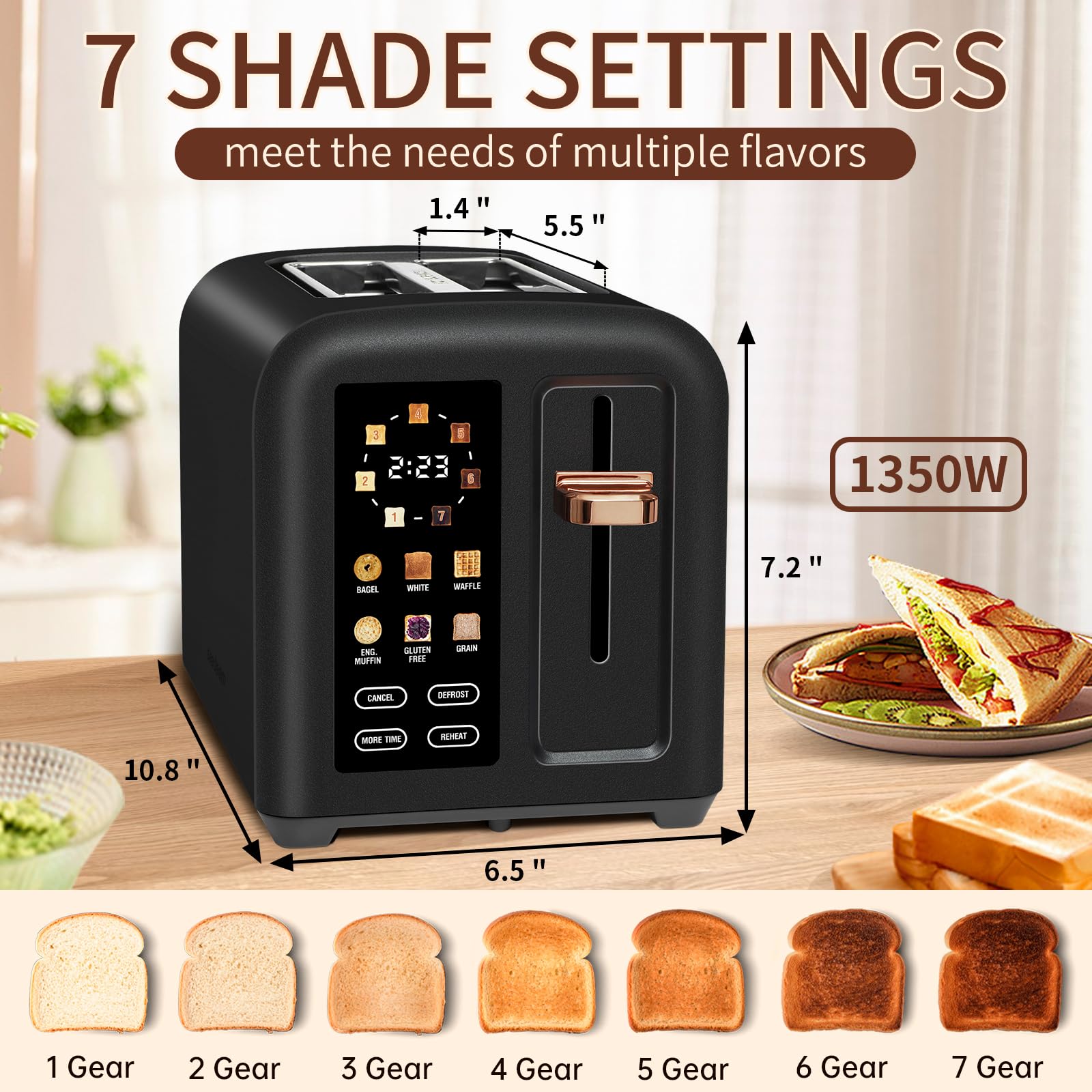 SEEDEEM Touchscreen Toaster 2 Slice, 7 Shade, Stainless, 1350W Dark Chocolate