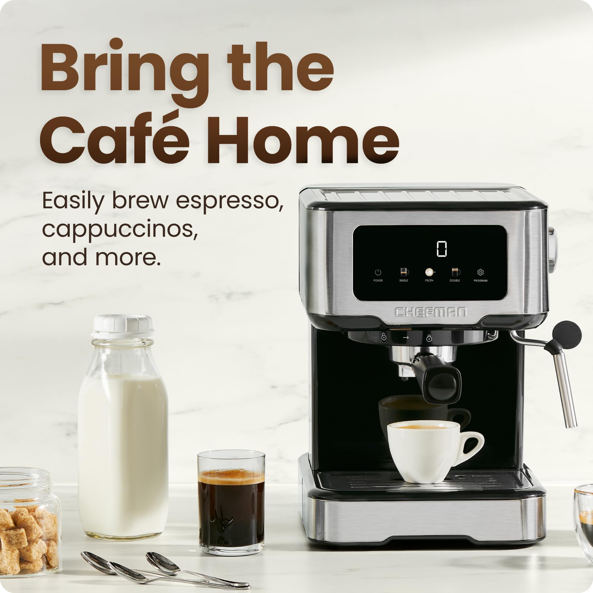 Chefman CraftBrew Espresso Machine, 15-Bar Pump Digital Espresso Maker w/Steam Wand for Latte & Cappuccino, Compact Espresso Coffee Machine w/ 1.5L Removable Water Reservoir - Stainless Steel