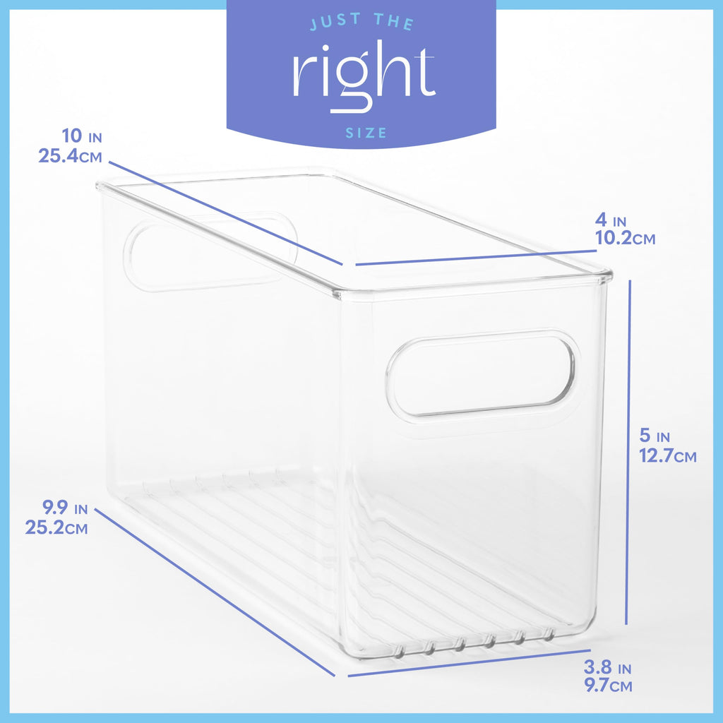 Plastic Food Storage 6 Pack Clear Container Bin with Handles for Organizing Kitchen, Pantry, Refrigerator, Freezer, Pantry, Cabinet, Closet, Bathroom. 10”x4”x5”