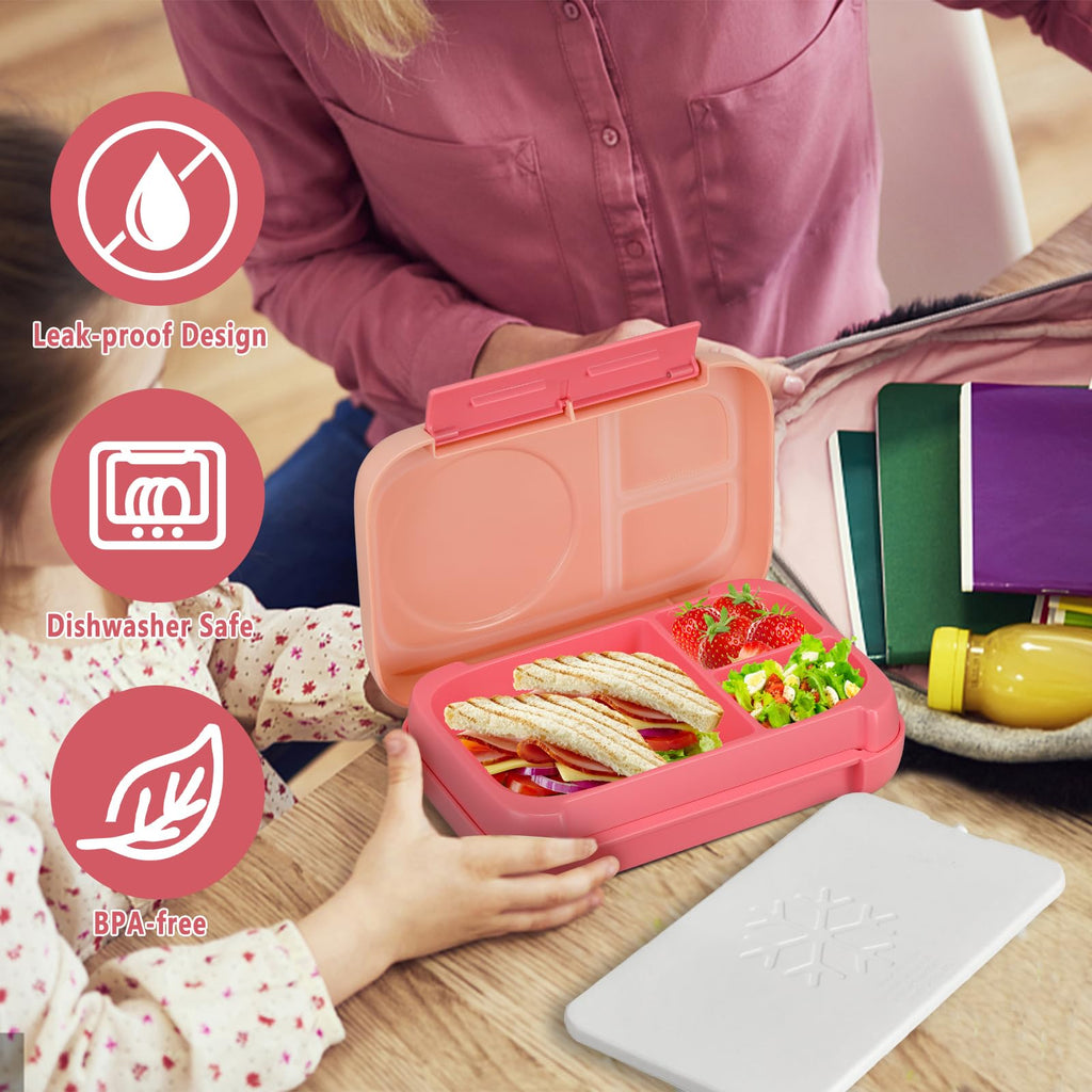 JXXM Bento Box for Kids,Kids Bento Lunch Box with Built-in Ice Pack for School,3 Compartments Leak Proof Lunch Container with Utensils for Girl Boy;BPA Free,Microwave & Dishwasher Safe, 44oz(Pink)
