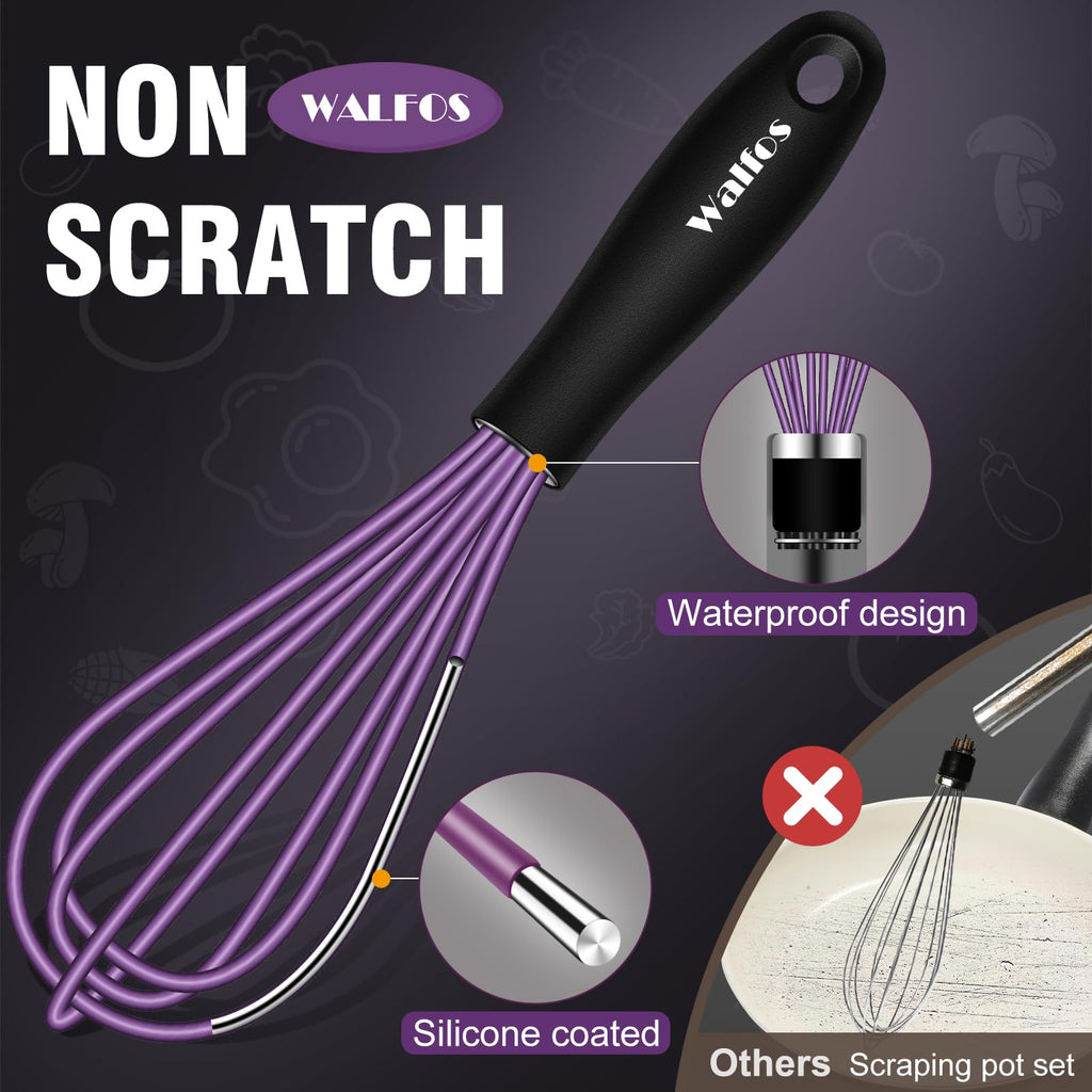 Walfos Whisk,5+7Inch Mini Whisks,Silicone Non Scratch whisk,Heat Resistant(480°F) Small whisks Suitable for stirring individual eggs and mixing small amounts of powder and sauce. Purple & Green