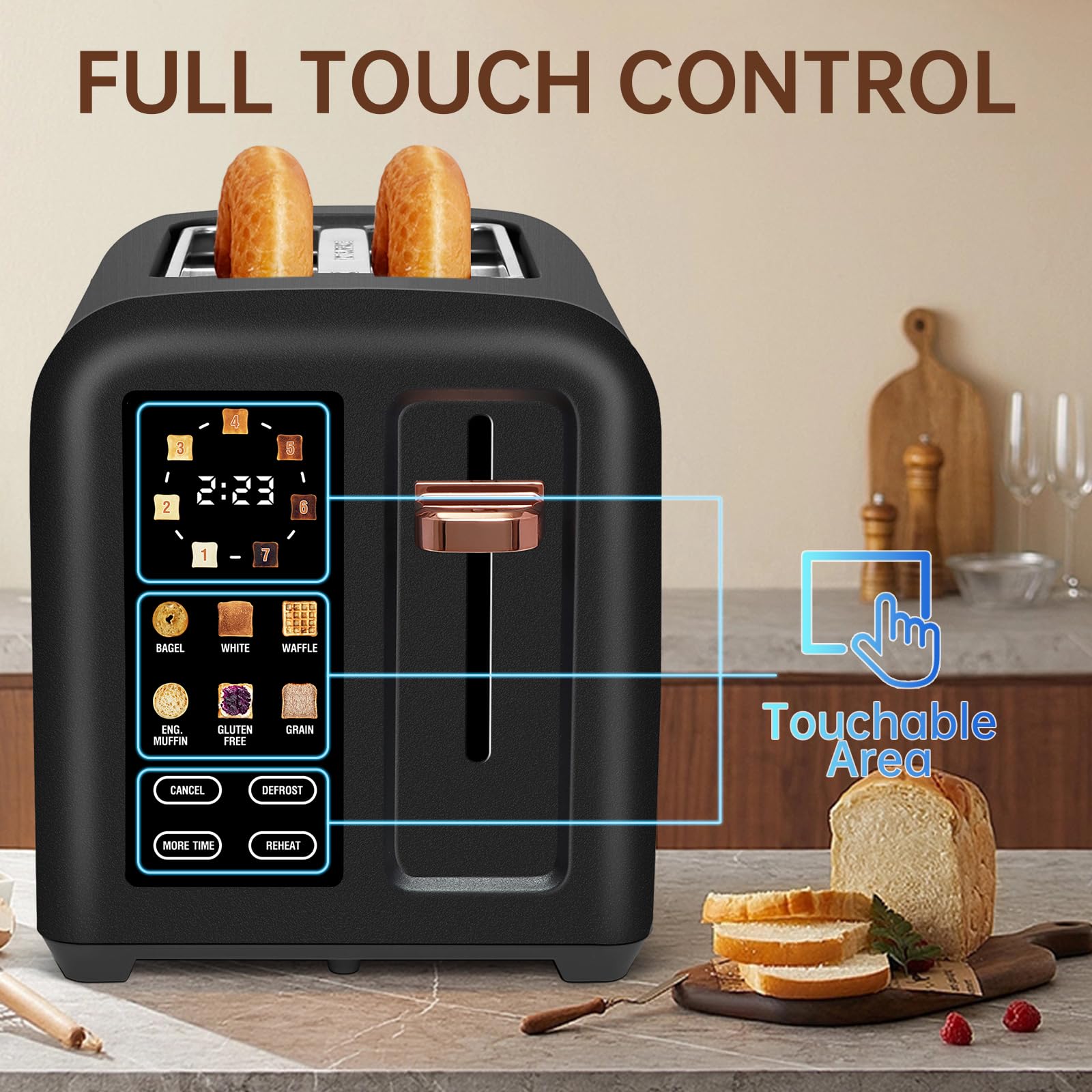 SEEDEEM Touchscreen Toaster 2 Slice, 7 Shade, Stainless, 1350W Dark Chocolate