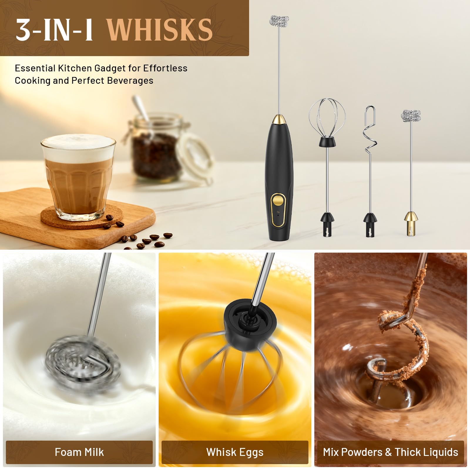 Rechargeable Milk Frother Wand with Stand, Electric Handheld Coffee Frother with 3 Detachable Whisks, Travel Milk Foamer for Protein Powder, Drinks, Espumador de Leche Electrico Black