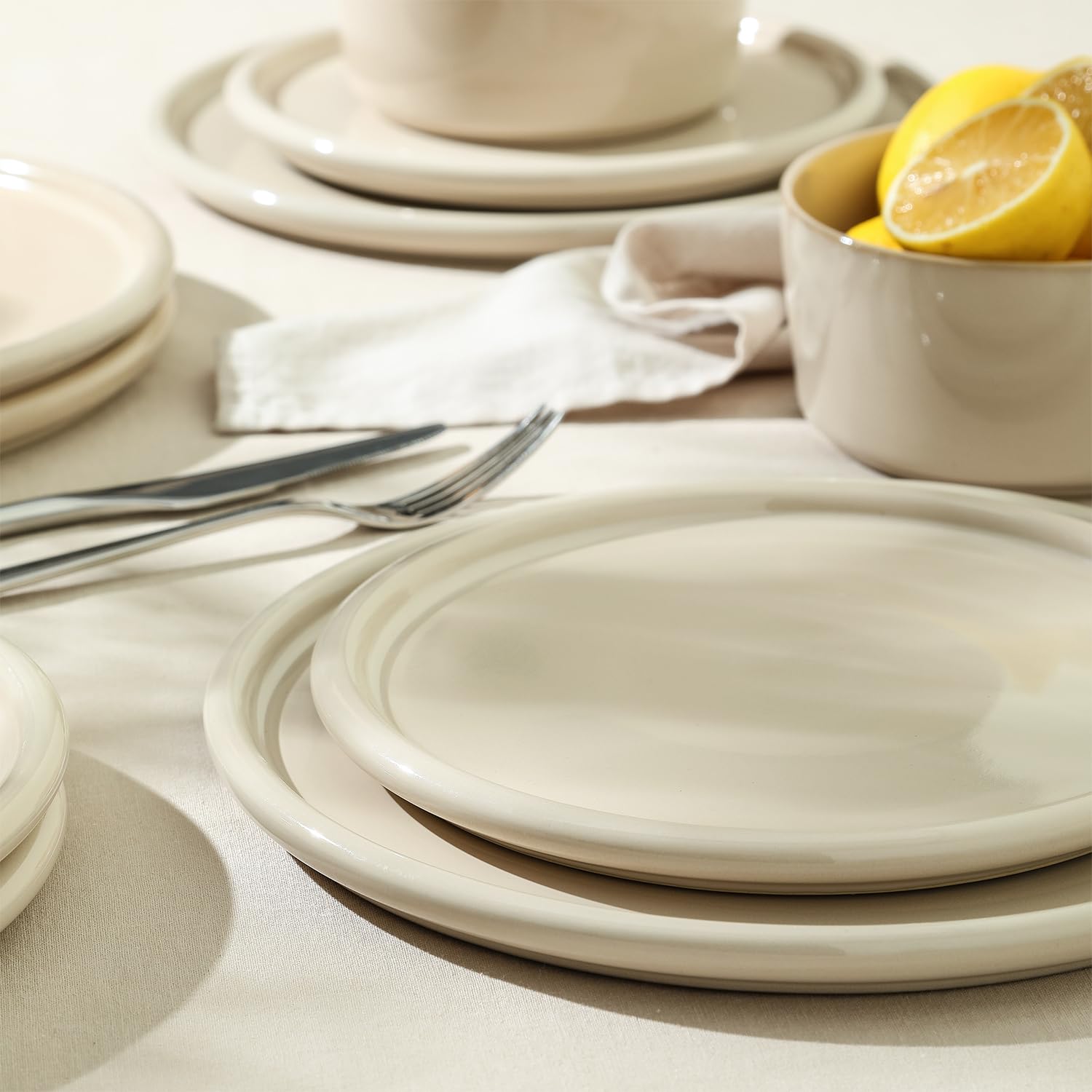 Stone Lain Eden 24-Piece Dinnerware Set Stoneware, Plates and Bowls Set, Dishwasher and Microwave Safe Dish, Dish Set for 8, Beige