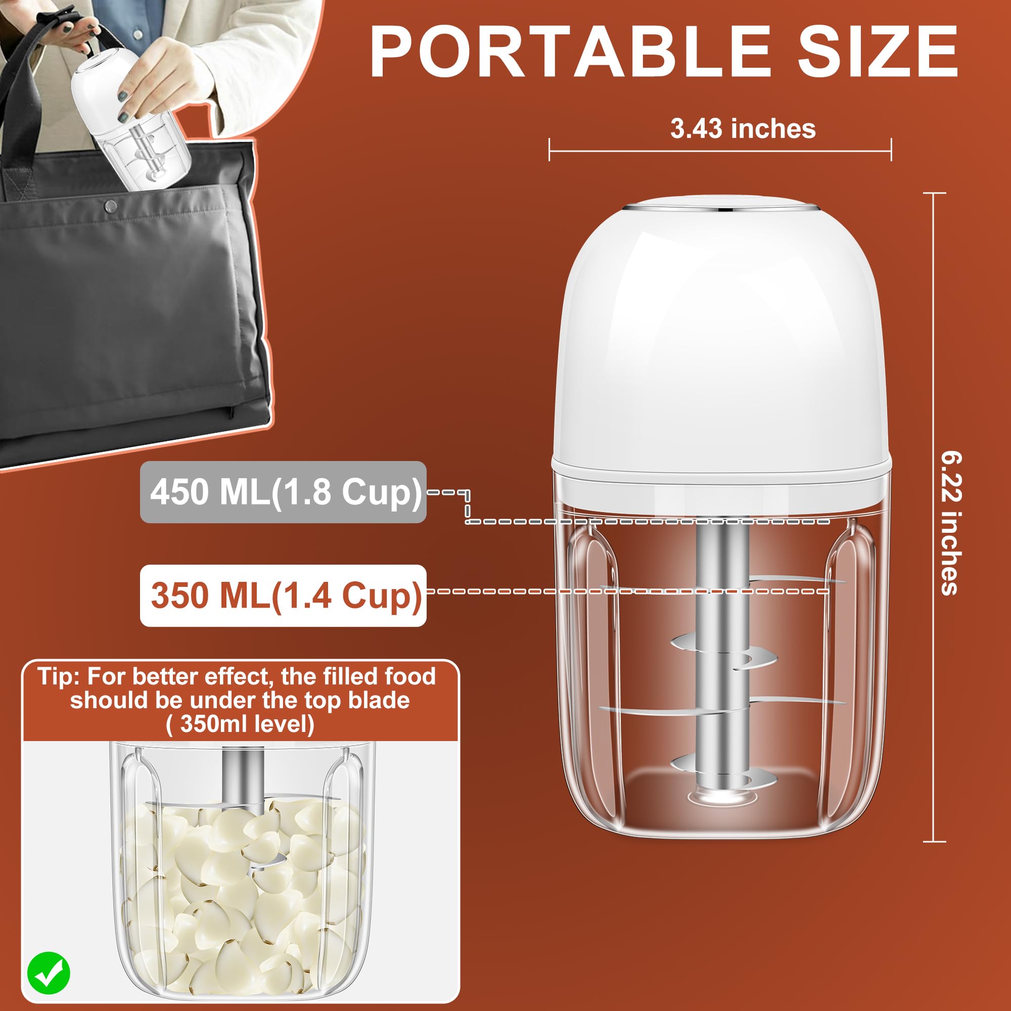 450ML (1.8 Cup) Electric Garlic Chopper, Mini Portable Food Processor
