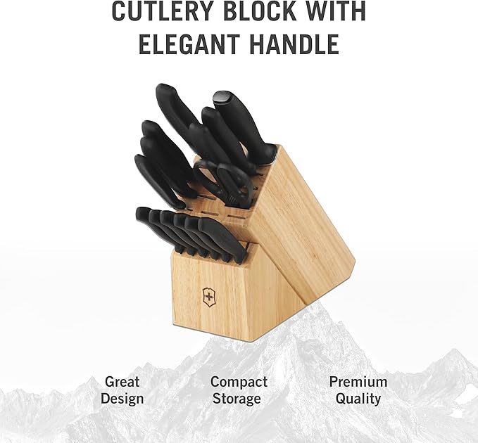 Victorinox Swiss Classic Knife Block - Kitchen Knife Set with Block for Home Essentials - Includes Chef's Knife, Santoku Knife & More - Black Handles, 15-Piece Set