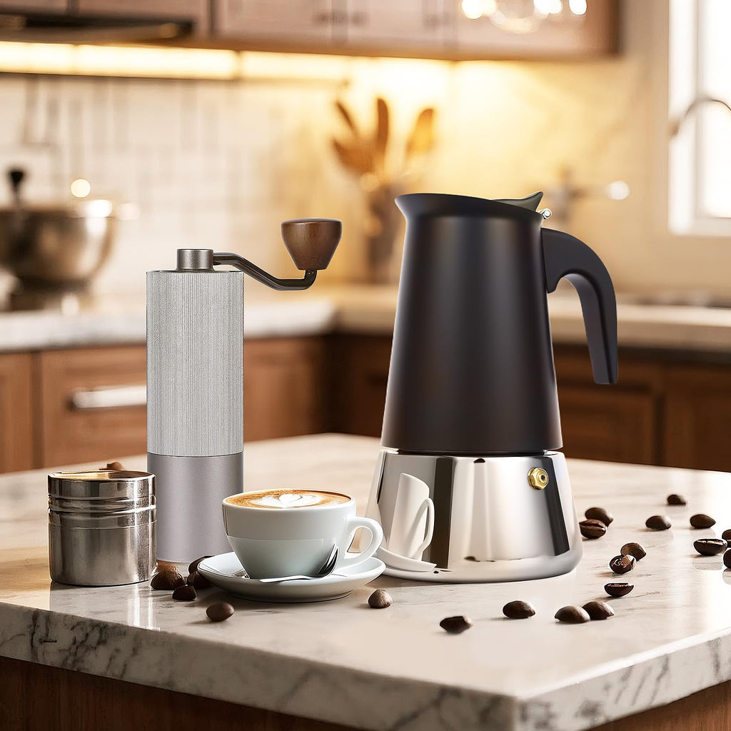 Suiitat 6 Cup Stainless Steel Moka Pot, 300ml Stovetop Espresso Maker, Black